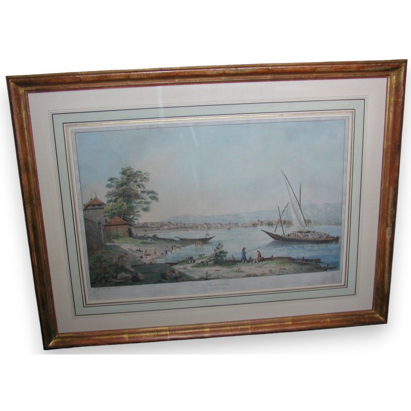 Gravure "Vue de Genève" par LEVEQUE.  sur Moinat SA  - Antiquités décoration -  Gravures, Lithos