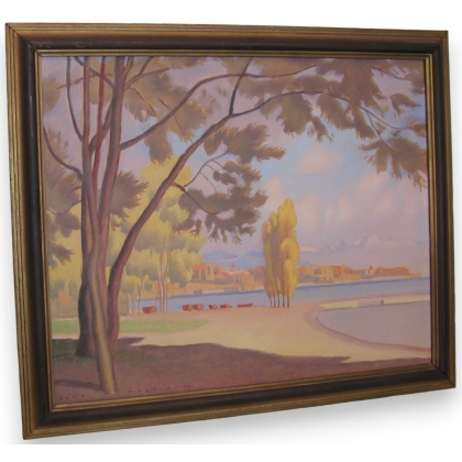 Tableau \"Bord du lac\", signé MARTIN. Daté 33.