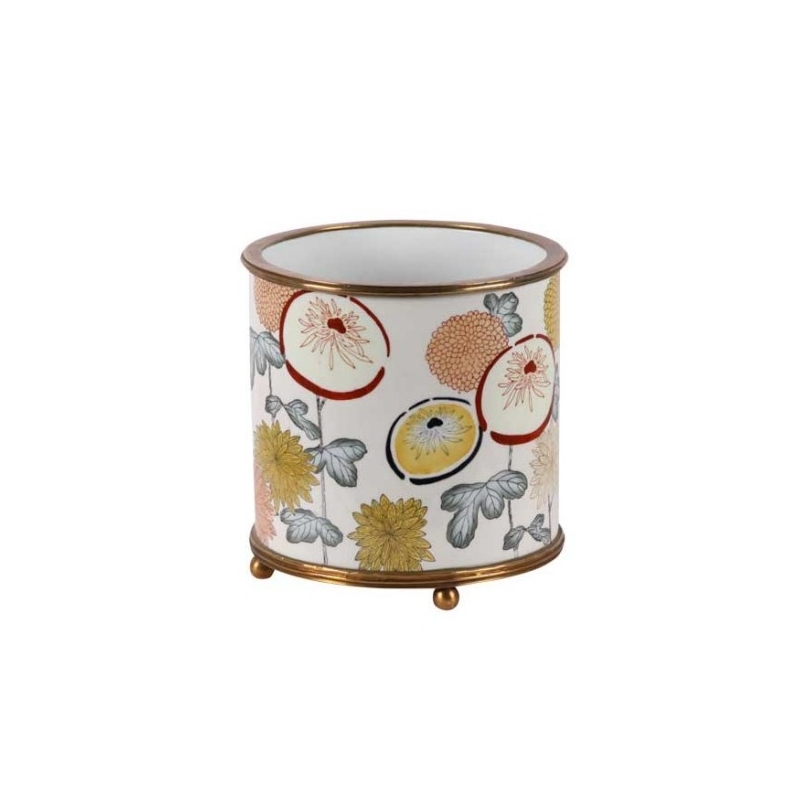 Cache-pot rond en porcelaine décor fleurs