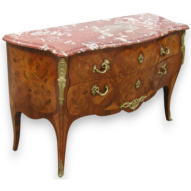 Commode Louis XV, 2 tiroirs. Décor floral.