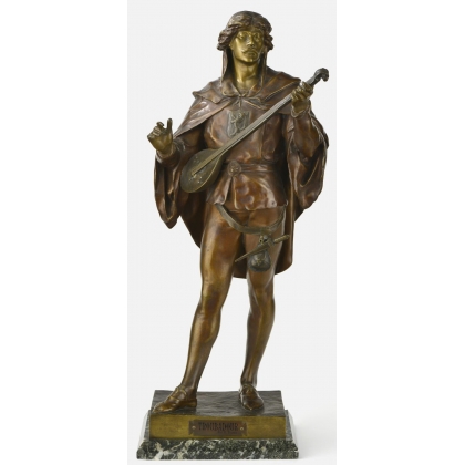 Sculpture \"Troubadour\" en régule, socle marbre