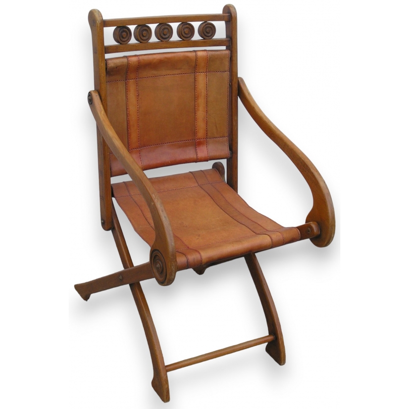 Fauteuil pliant, en bois et cuir
