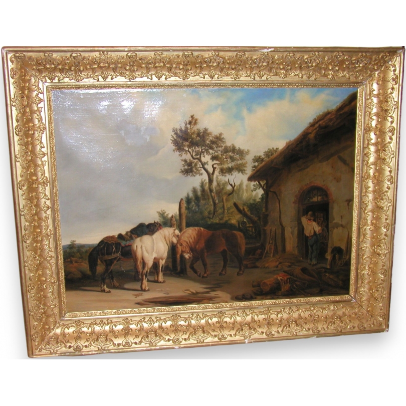 Tableau "Maréchal ferrant", signé et daté 1890.