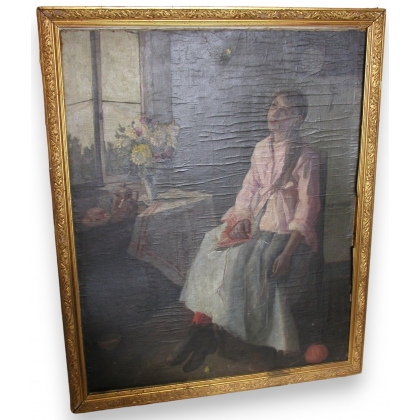 Tableau \"Jeune fille assise\", non signé.