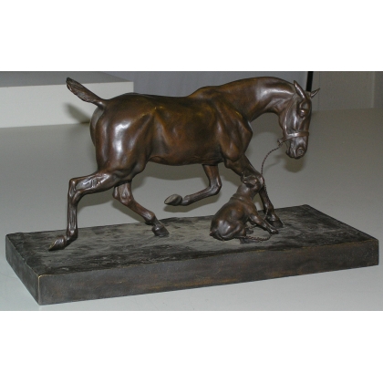 Sculpture \"Cheval retenu par un bouledogue\"