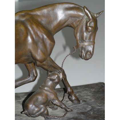Sculpture \"Cheval retenu par un bouledogue\"
