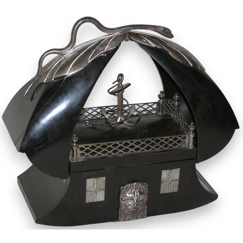 Boat shaped sewing box, blackened wood.