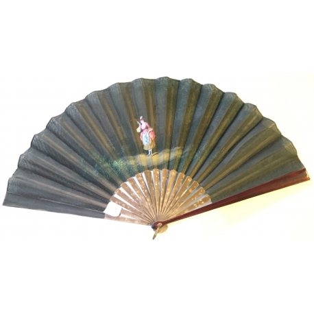 Black cotton and bamboo fan with decorative design at  Moinat SA  - Antiques and home décor