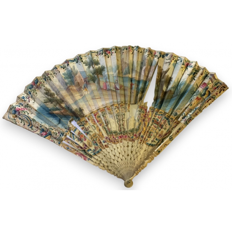 Ivory fan with painted decoration, ‘Scene on Moinat SA’ – Antiques and decorative items