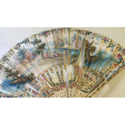 Ivory fan with painted decoration, ‘Scene on Moinat SA’ – Antiques and decorative items