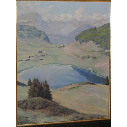 Tableau \"Vue d\'un lac\" signé P. LÉPINARD