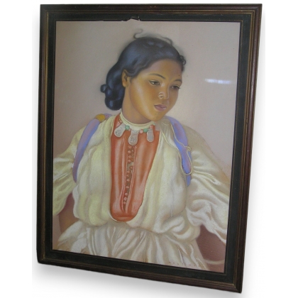 Pastel sur papier "Portrait d'une jeune  sur Moinat SA  - Antiquités décoration -  Gouaches, Aquarelles, Pastels