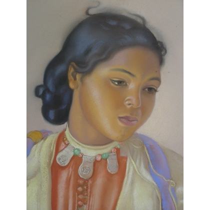 Pastel sur papier "Portrait d'une jeune  sur Moinat SA  - Antiquités décoration -  Gouaches, Aquarelles, Pastels