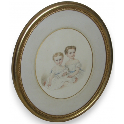 Oval watercolor "Children", signed and dated.
