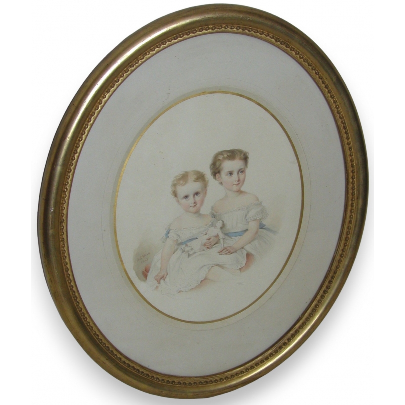 Aquarelle "Enfants", signée L'HARDY-DUFOUR.  sur Moinat SA  - Antiquités décoration -  Gouaches, Aquarelles, Pastels
