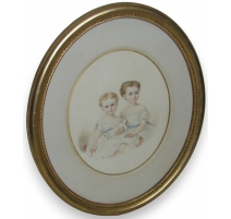 Oval watercolor "Children", signed and dated.