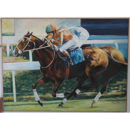 Tableau \"L\'arrivée\", signé Jean-Louis MERRÉ.
