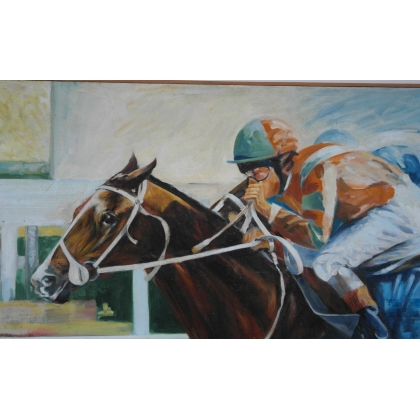 Tableau \"L\'arrivée\", signé Jean-Louis MERRÉ.