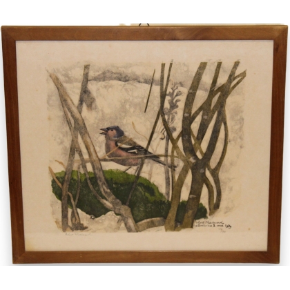 Gravure "Pinson et orobanche", signée.  sur Moinat SA  - Antiquités décoration -  Gravures, Lithos
