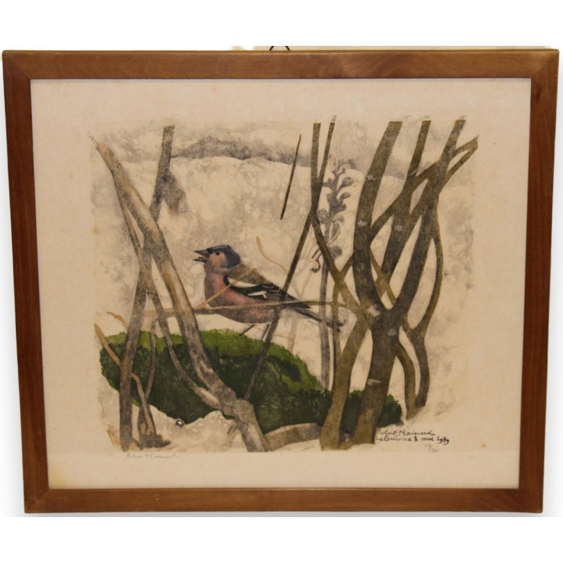 Gravure "Pinson et orobanche", signée.  sur Moinat SA  - Antiquités décoration -  Gravures, Lithos