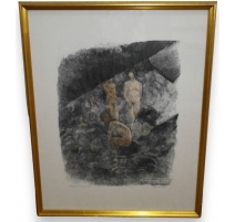 Gravure "Le bain dans la grotte" signée HAINARD
