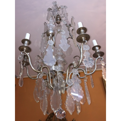 Lustre en laiton argenté à cristaux, 6 lumières