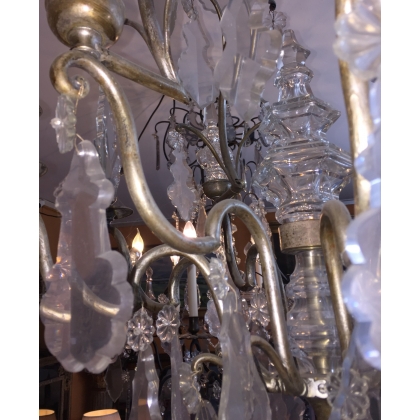 Lustre en laiton argenté à cristaux, 6 lumières