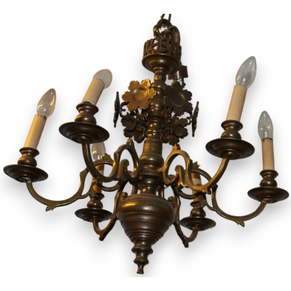 Lustre Hollandais à 6 lumières, décor fleurs