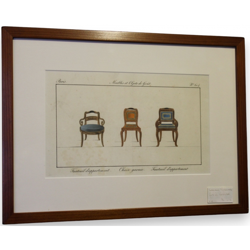 Gravure coloriée "Fauteuil d'appartement"  sur Moinat SA  - Antiquités décoration -  Gravures, Lithos