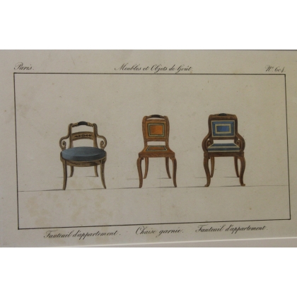 Gravure coloriée "Fauteuil d'appartement"  sur Moinat SA  - Antiquités décoration -  Gravures, Lithos
