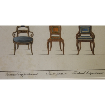 Gravure coloriée "Fauteuil d'appartement"  sur Moinat SA  - Antiquités décoration -  Gravures, Lithos
