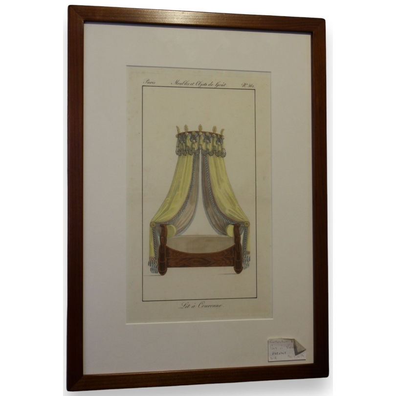 Gravure coloriée "Lit à Couronne"  sur Moinat SA  - Antiquités décoration -  Gravures, Lithos