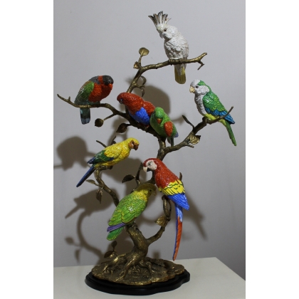 Arbre en bronze avec 8 perroquets en porcelaine