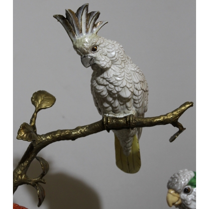 Arbre en bronze avec 8 perroquets en porcelaine