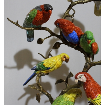 Arbre en bronze avec 8 perroquets en porcelaine