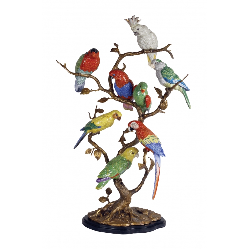 Arbre en bronze avec 8 perroquets en porcelaine