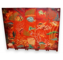 Paravent "Poissons" fond rouge signé Henry FARION