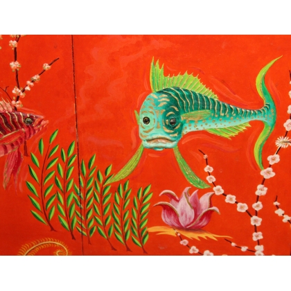 "Fish" screen with a red background, signed by Henry FARION, from Moinat SA – Antiques and home décor