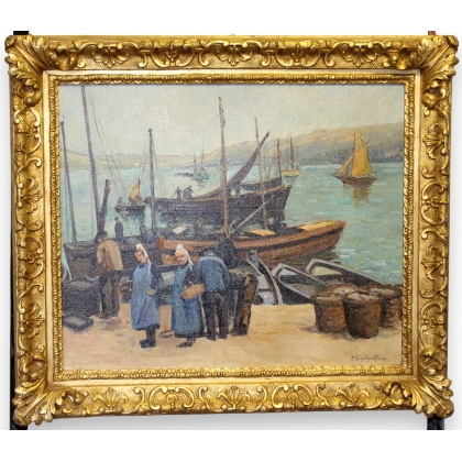 Tableau \"Port de Concarneau\" signé J GUYOT-GUILLAI