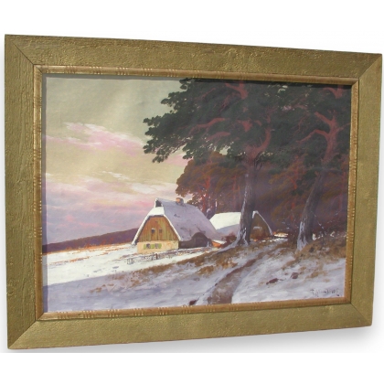 Tableau \"Ferme sous la neige\".