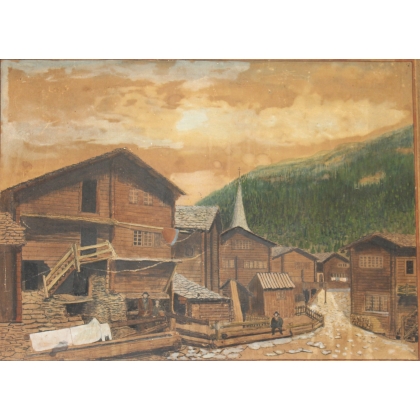Tableau "Village de montagne" signé Eug. BROSSY 21  sur Moinat SA  - Antiquités décoration -  Gouaches, Aquarelles, Pastels