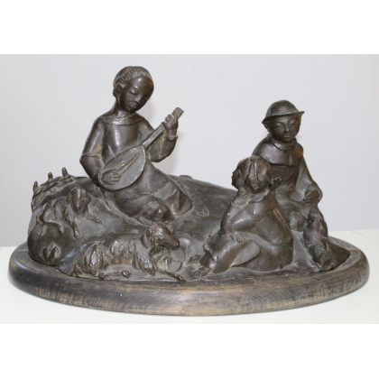 Groupe en bronze \"Enfants écoutant la mandoline\"