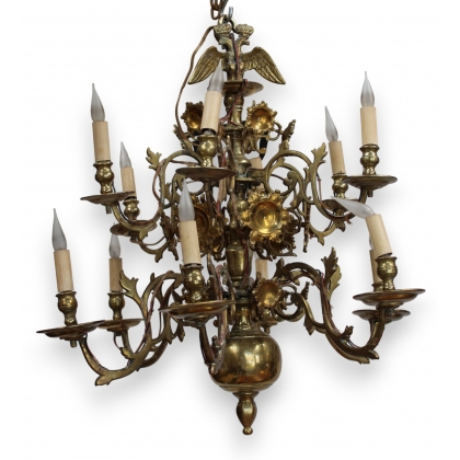 Lustre hollandais en bronze à 12 flammes