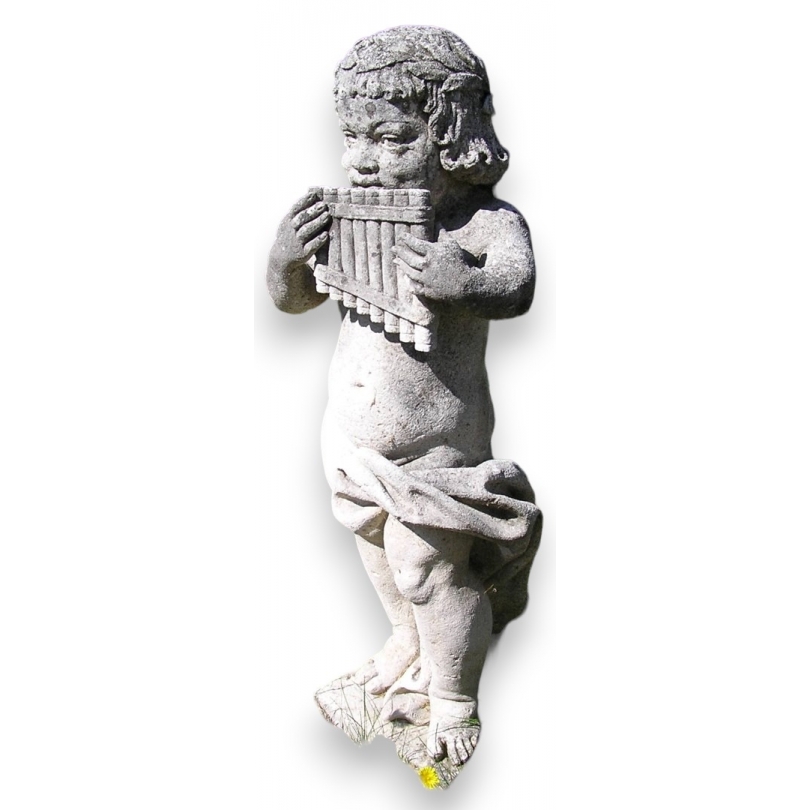 Stone sculpture ‘Cherub with a pan flute’ at Moinat SA – Antiques and Decor