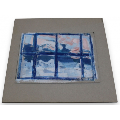 Huile sur carton \"Fenètre bleue\" signé HAURI