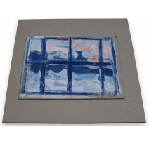 Huile sur carton "Fenètre bleue" signé HAURI