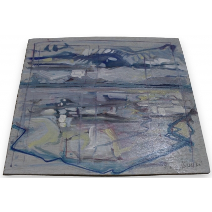 Huile sur bois \"Paysage bleu\" signé HAURI