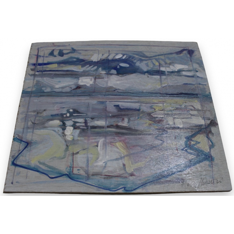 Paintings | Oil on wood, ‘Blue Landscape’, signed HAURI Moinat SA  – Antiques and home décor