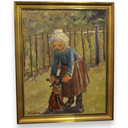Tableau \"Enfant à la poupée\" signé K. SCHENK