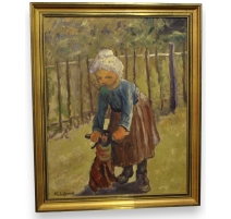 Tableau "Enfant à la poupée" signé K. SCHENK